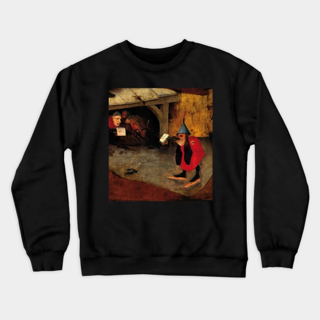 DEMON BIRD WITH ICE SKATES IN THE DARK  Detail from Triptych of the Temptation of St. Anthony by Hieronymus Bosch Crewneck Sweatshirt by BulganLumini